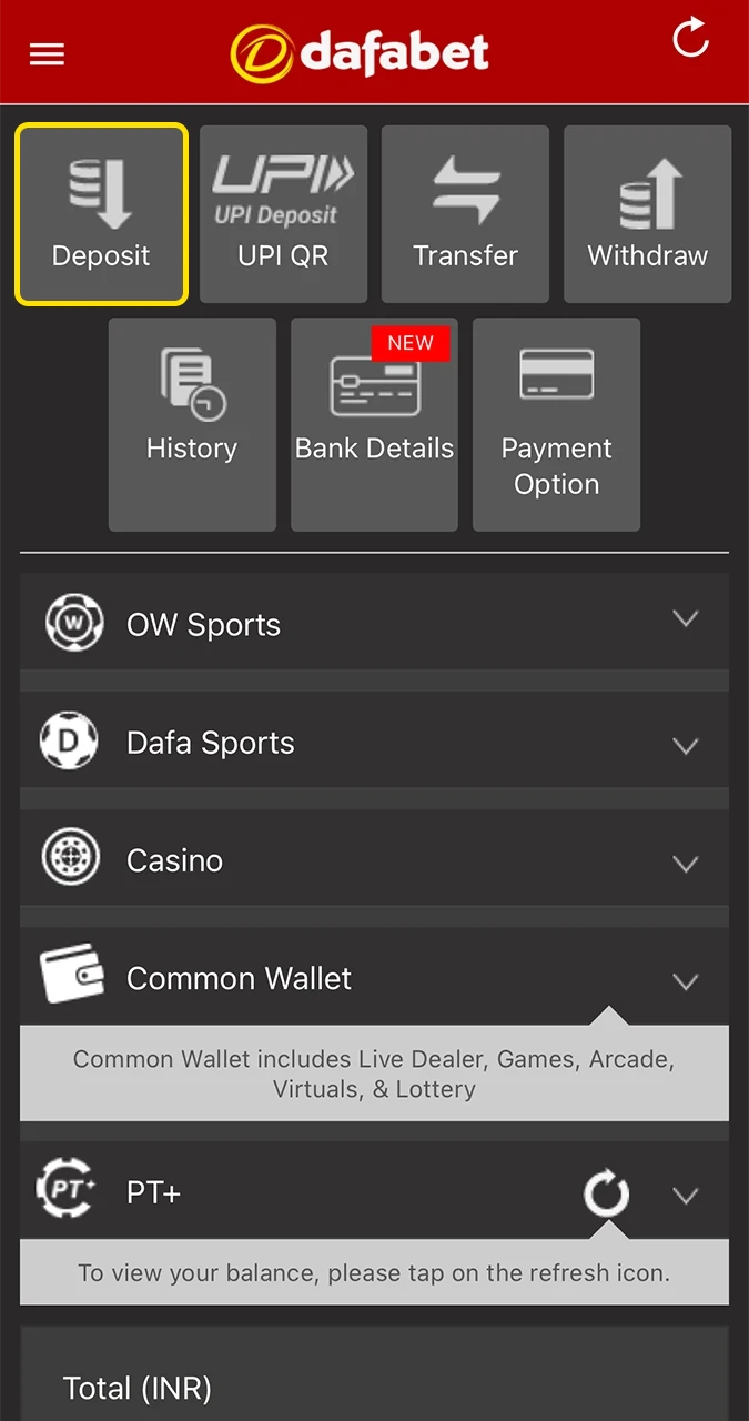 Open the Dafabet account menu and go to the deposit section.