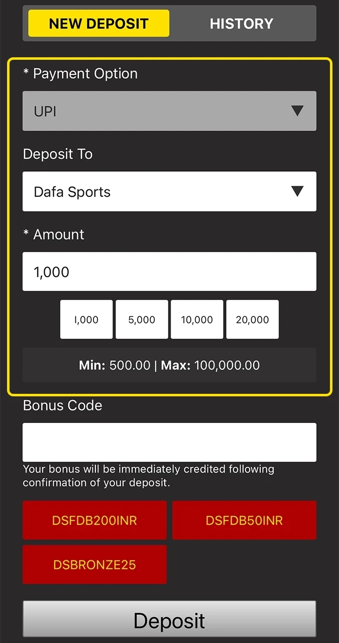 Use the correct input details when depositing on the Dafabet website.