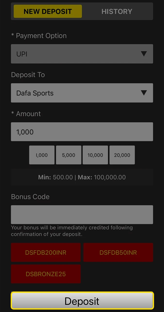 Complete the deposit process on the Dafabet website and navigate to the section you are interested in.