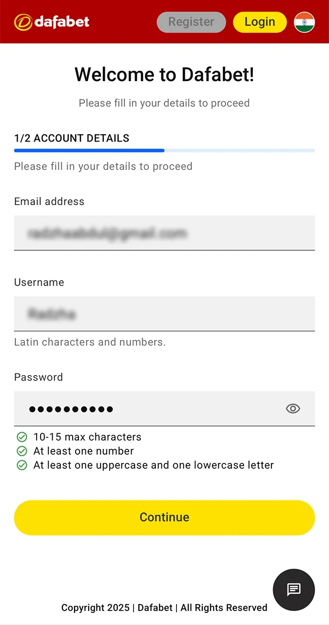 Please fill out the form carefully to register on the Dafabet app.